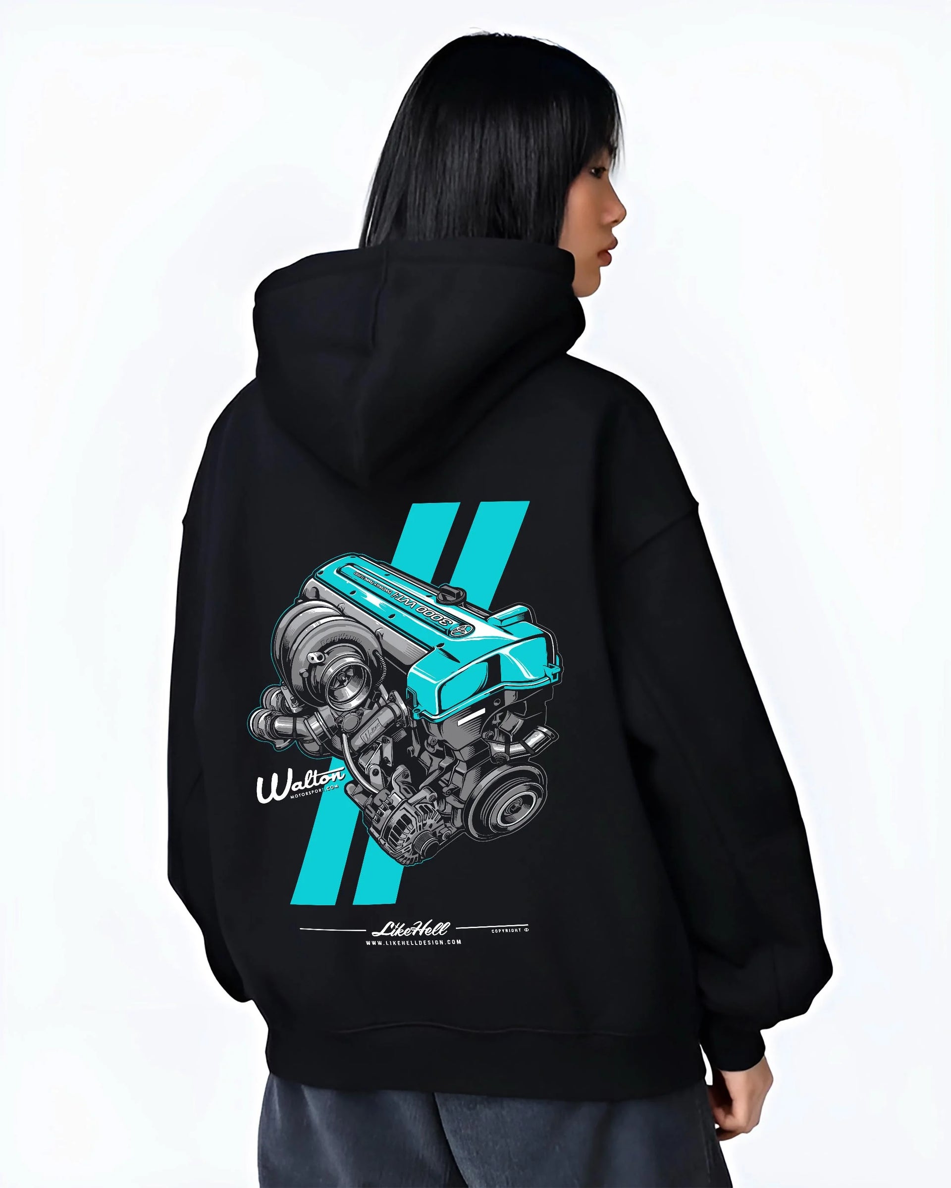 Black hoodie worn by a female model, back view, featuring Toyota turbo 2jz drift jdm japanese tuner enthusiast graphic.