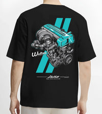 Black T-shirt worn by a male model, back view, featuring Toyota turbo 2jz drift jdm japanese tuner enthusiast graphic.