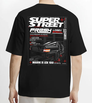 Black T-shirt worn by a male model, back view, featuring Toyota JZX100 turbo drift street racing performance motorsport graphic.
