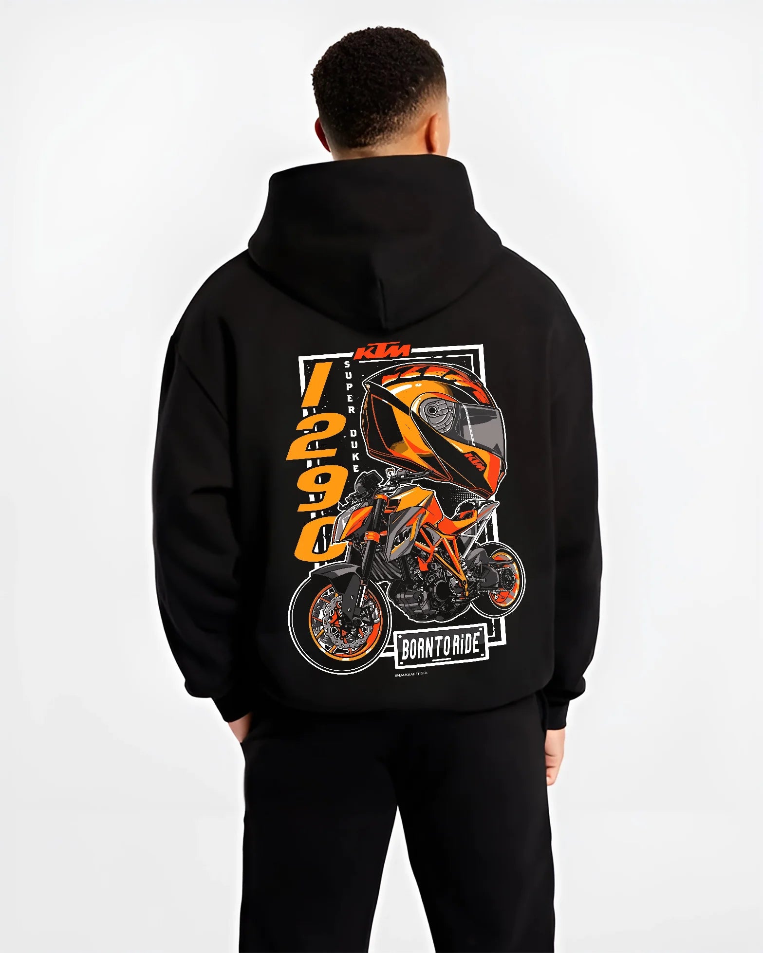 Black hoodie worn by a male model, back view, featuring KTM racing street performance motorsport automotive enthusiast graphic.