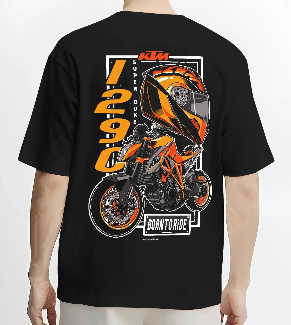 Black T-shirt worn by a male model, back view, featuring KTM racing street performance motorsport automotive enthusiast graphic.