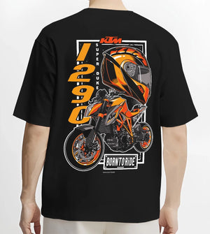 Black T-shirt worn by a male model, back view, featuring KTM racing street performance motorsport automotive enthusiast graphic.