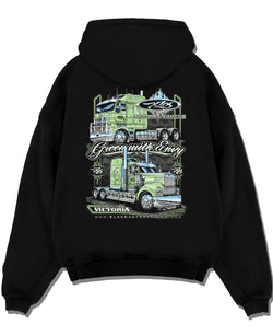 Black pullover hoodie laid flat on a white background, featuring rs street racing performance motorsport automotive graphic.