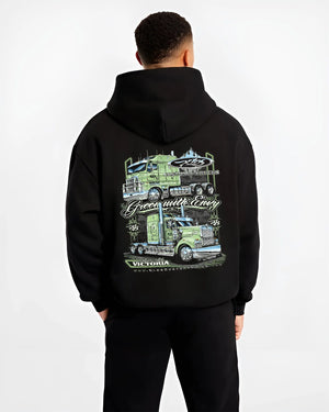 Black hoodie worn by a male model, back view, featuring rs street racing performance motorsport automotive enthusiast power graphic.