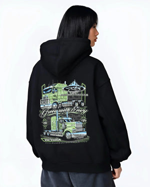 Black hoodie worn by a female model, back view, featuring rs street racing performance motorsport automotive enthusiast graphic.