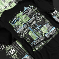 Black T-shirt laid flat with natural fabric folds, featuring rs street racing performance motorsport automotive enthusiast graphic.