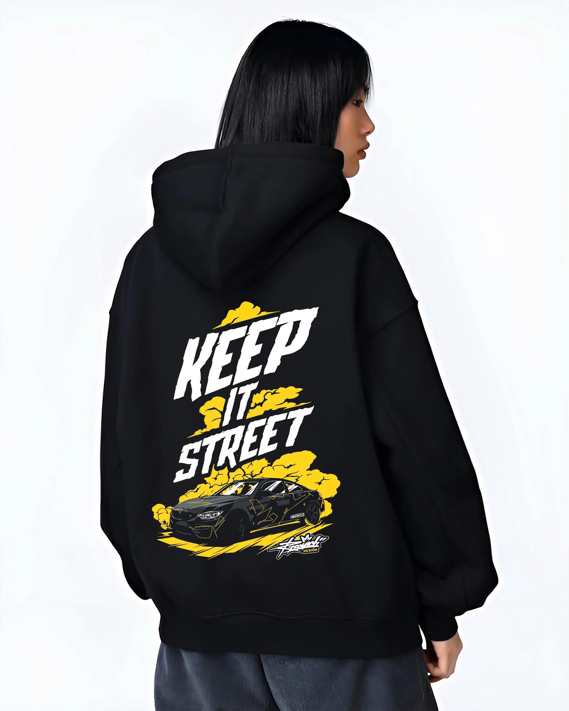 Black hoodie worn by a female model, back view, featuring turbo racing drift tuner street performance motorsport automotive graphic.