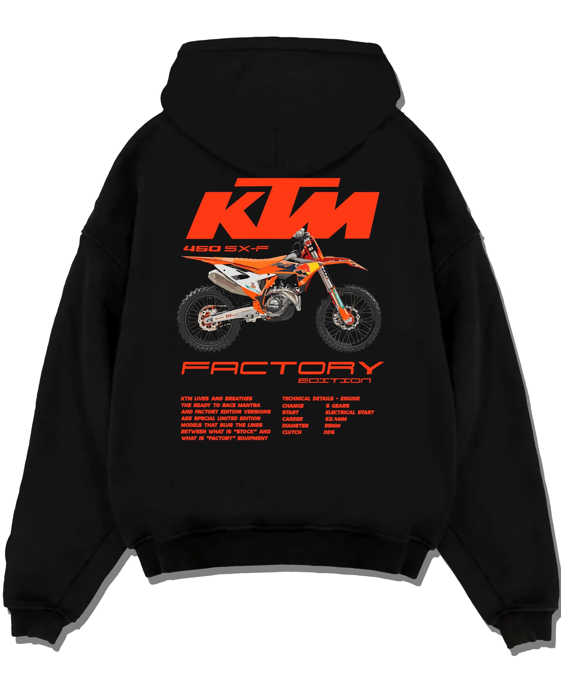 Black pullover hoodie laid flat on a white background, featuring KTM 250 SX rs racing street performance motorsport graphic.