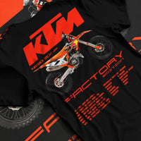 Black T-shirt laid flat with natural fabric folds, featuring KTM 250 SX rs racing street performance motorsport automotive graphic.