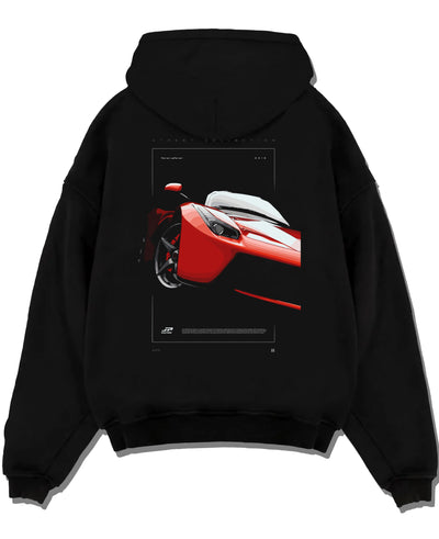 Black pullover hoodie laid flat on a white background, featuring Ferrari rs racing street performance motorsport automotive graphic.