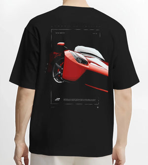 Black T-shirt worn by a male model, back view, featuring Ferrari rs racing street performance motorsport automotive graphic.