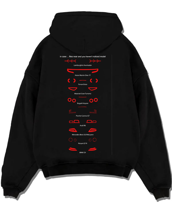 Black pullover hoodie laid flat on a white background, featuring Lamborghini Aventador racing italian tuning street graphic.