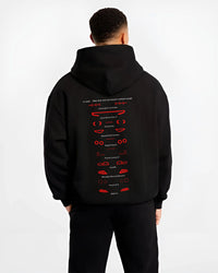 Black hoodie worn by a male model, back view, featuring Lamborghini Aventador racing italian tuning street performance graphic.