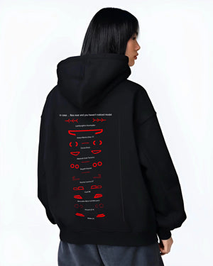 Black hoodie worn by a female model, back view, featuring Lamborghini Aventador racing italian tuning street performance graphic.