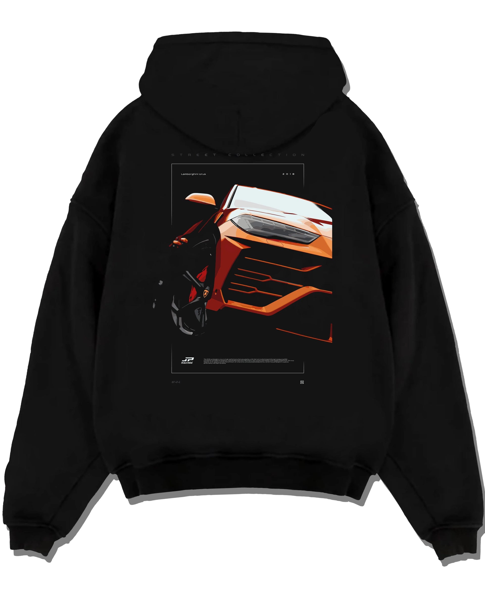 Black pullover hoodie laid flat on a white background, featuring Lamborghini street racing performance motorsport graphic.