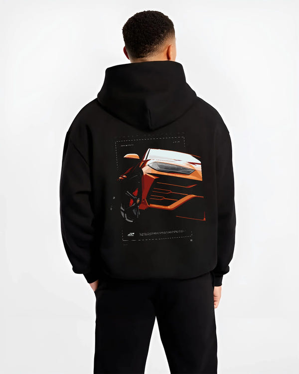 Black hoodie worn by a male model, back view, featuring Lamborghini street racing performance motorsport automotive graphic.