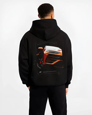 Black hoodie worn by a male model, back view, featuring Lamborghini street racing performance motorsport automotive graphic.