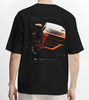 Black T-shirt worn by a male model, back view, featuring Lamborghini street racing performance motorsport automotive graphic.