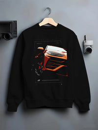 Black crewneck sweatshirt on a hanger against a grey wall, featuring Lamborghini street racing performance motorsport graphic.