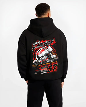 Black hoodie worn by a male model, back view, featuring rs racing motorsport speed street performance automotive enthusiast graphic.