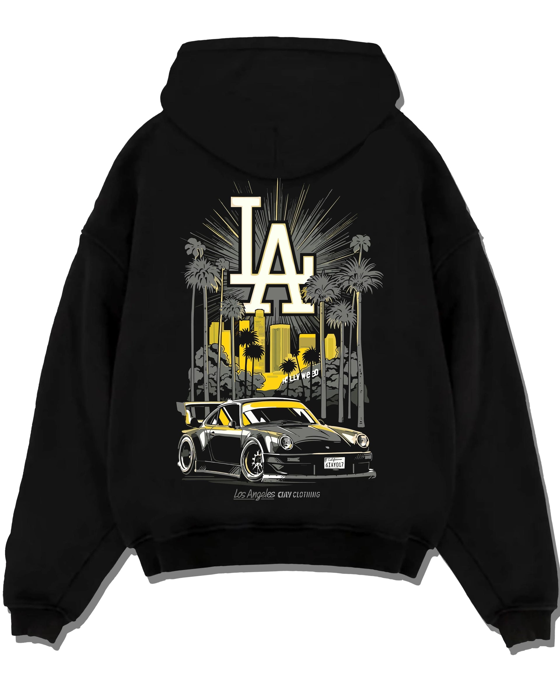 Black pullover hoodie laid flat on a white background, featuring racing street performance motorsport automotive enthusiast larun.