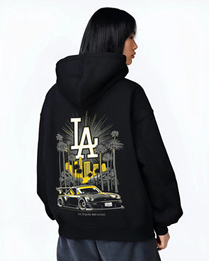 Black hoodie worn by a female model, back view, featuring racing street performance motorsport automotive enthusiast power larun.