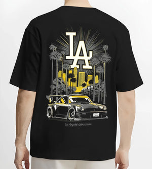 Black T-shirt worn by a male model, back view, featuring racing street performance motorsport automotive enthusiast power larun.