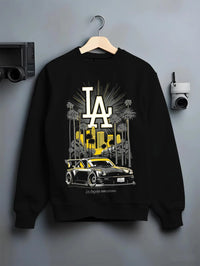 Black crewneck sweatshirt on a hanger against a grey wall, featuring racing street performance motorsport automotive larun.