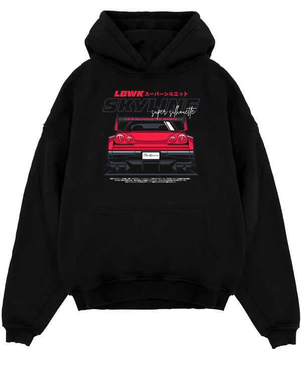 Black pullover hoodie laid flat on a white background, featuring NISSAN SKYLINE racing jdm widebody liberty walk street graphic.