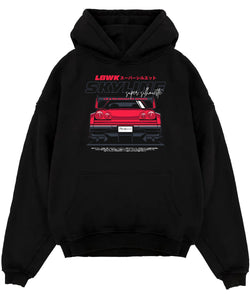 Black pullover hoodie laid flat on a white background, featuring NISSAN SKYLINE racing jdm widebody liberty walk street graphic.