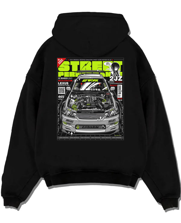 Black pullover hoodie laid flat on a white background, featuring Lexus rs racing drift tuner street enthusiast performance graphic.
