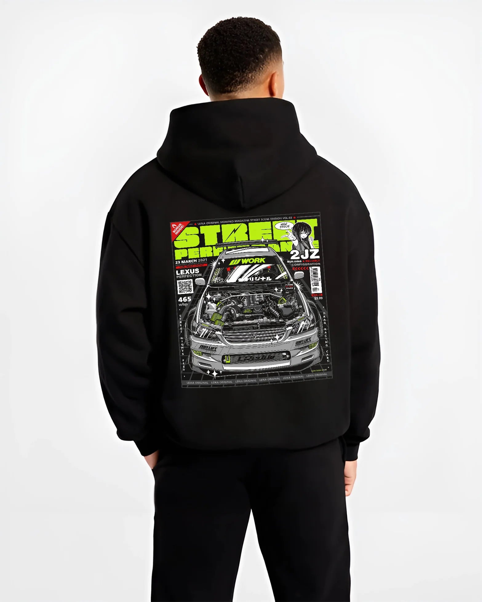 Black hoodie worn by a male model, back view, featuring Lexus rs racing drift tuner street enthusiast performance graphic.