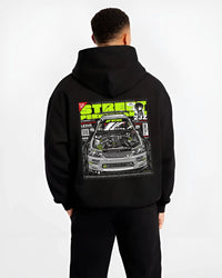 Black hoodie worn by a male model, back view, featuring Lexus rs racing drift tuner street enthusiast performance graphic.