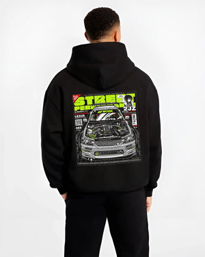 Black hoodie worn by a male model, back view, featuring Lexus rs racing drift tuner street enthusiast performance graphic.