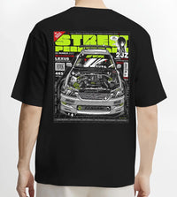 Black T-shirt worn by a male model, back view, featuring Lexus rs racing drift tuner street enthusiast performance graphic.