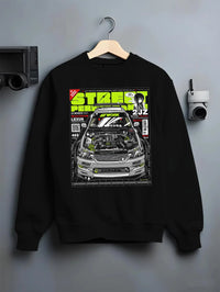Black crewneck sweatshirt on a hanger against a grey wall, featuring Lexus rs racing drift tuner street enthusiast graphic.