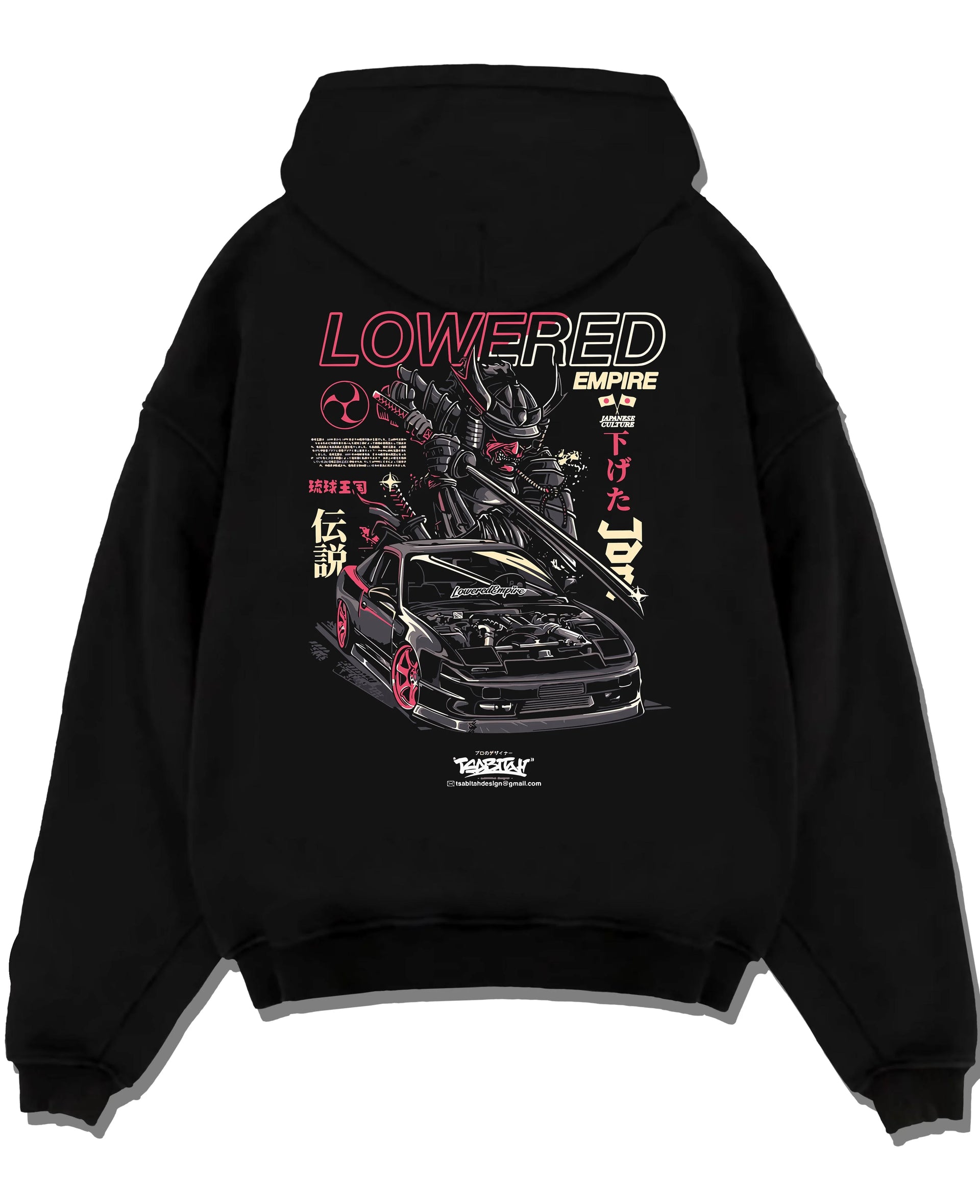 Black pullover hoodie laid flat on a white background, featuring drift drifting japanese tuner lowered street racing graphic.