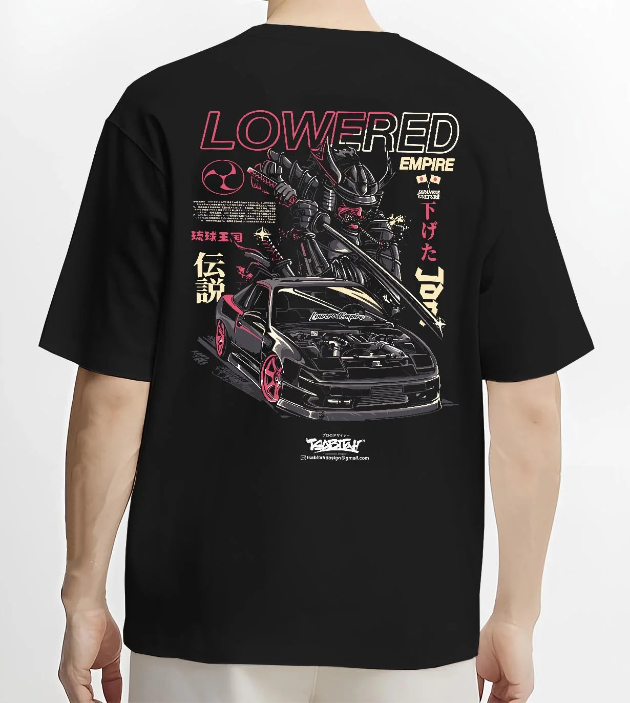 Black T-shirt worn by a male model, back view, featuring drift drifting japanese tuner lowered street racing performance graphic.