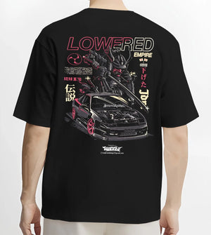 Black T-shirt worn by a male model, back view, featuring drift drifting japanese tuner lowered street racing performance graphic.