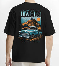 Black T-shirt worn by a male model, back view, featuring Chevrolet retro classic racing street performance motorsport graphic.