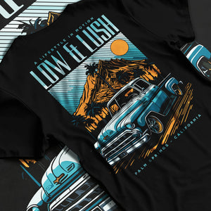 Black T-shirt laid flat with natural fabric folds, featuring Chevrolet retro classic racing street performance motorsport graphic.