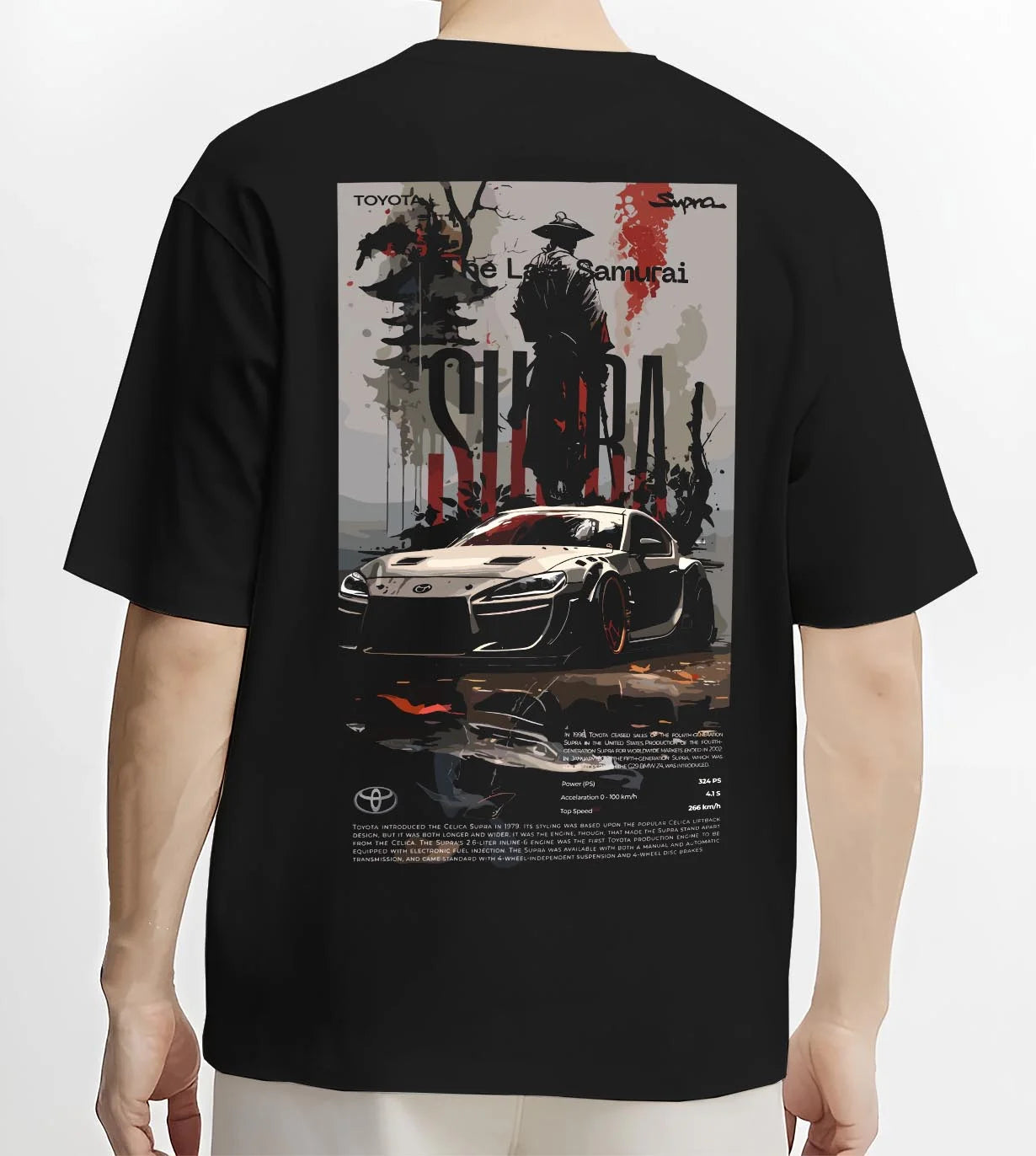 Black T-shirt worn by a male model, back view, featuring Toyota Supra racing jdm japanese tuning street enthusiast graphic.