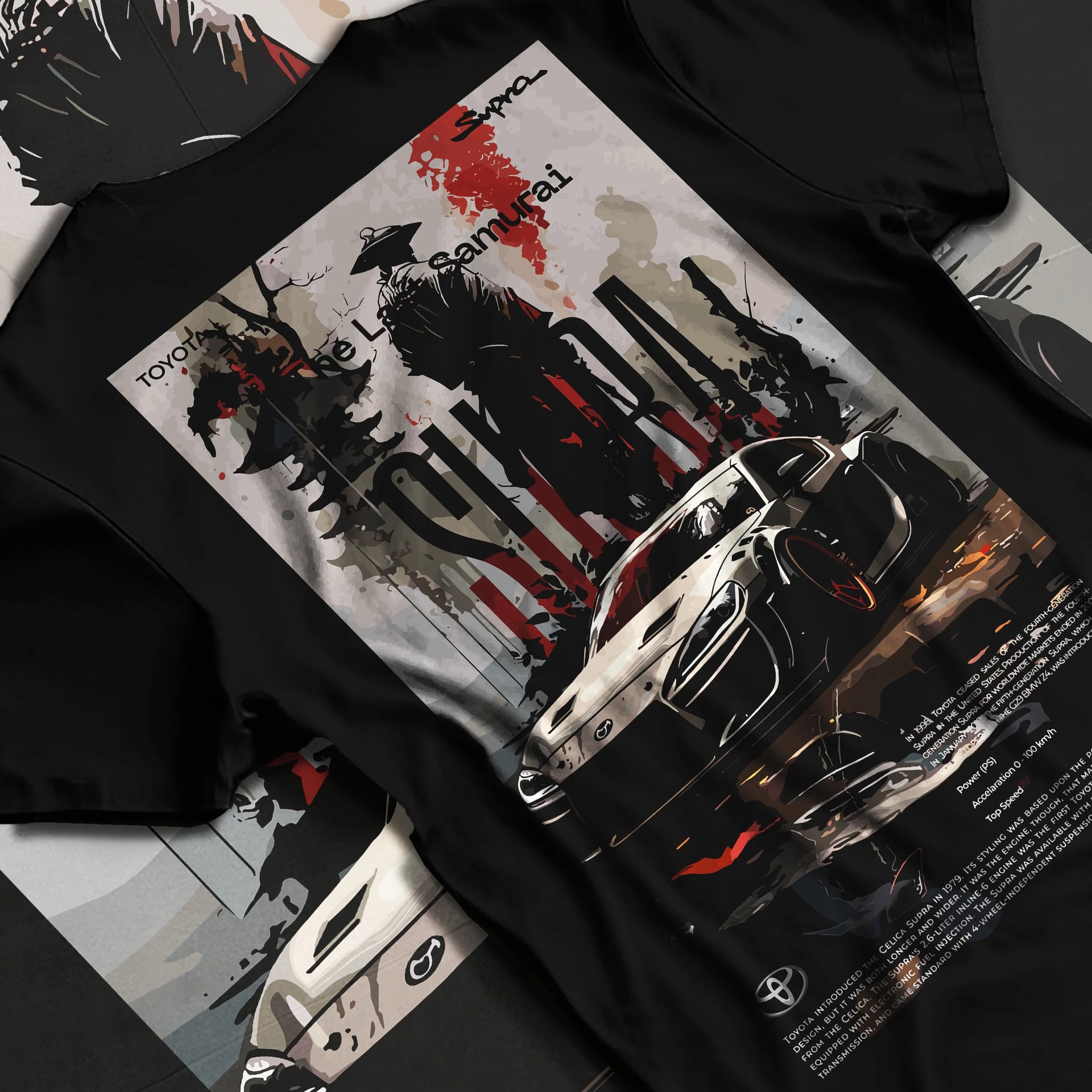 Black T-shirt laid flat with natural fabric folds, featuring Toyota Supra racing jdm japanese tuning street enthusiast graphic.