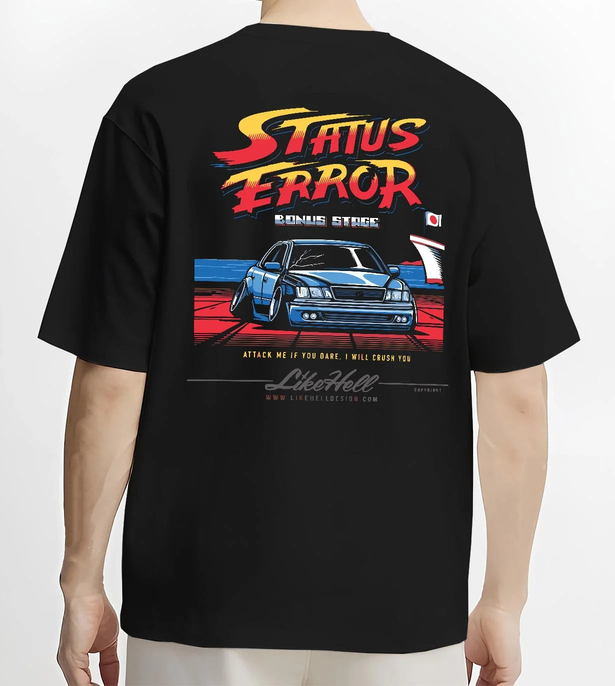 Black T-shirt worn by a male model, back view, featuring Lexus racing drift tuner street enthusiast performance motorsport graphic.
