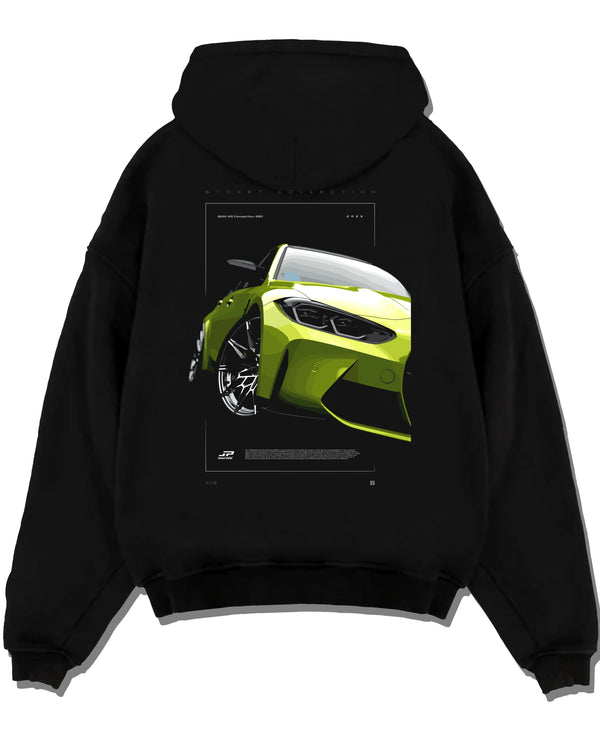 Black pullover hoodie laid flat on a white background, featuring BMW M3 rs turbo racing motorsport german street graphic.