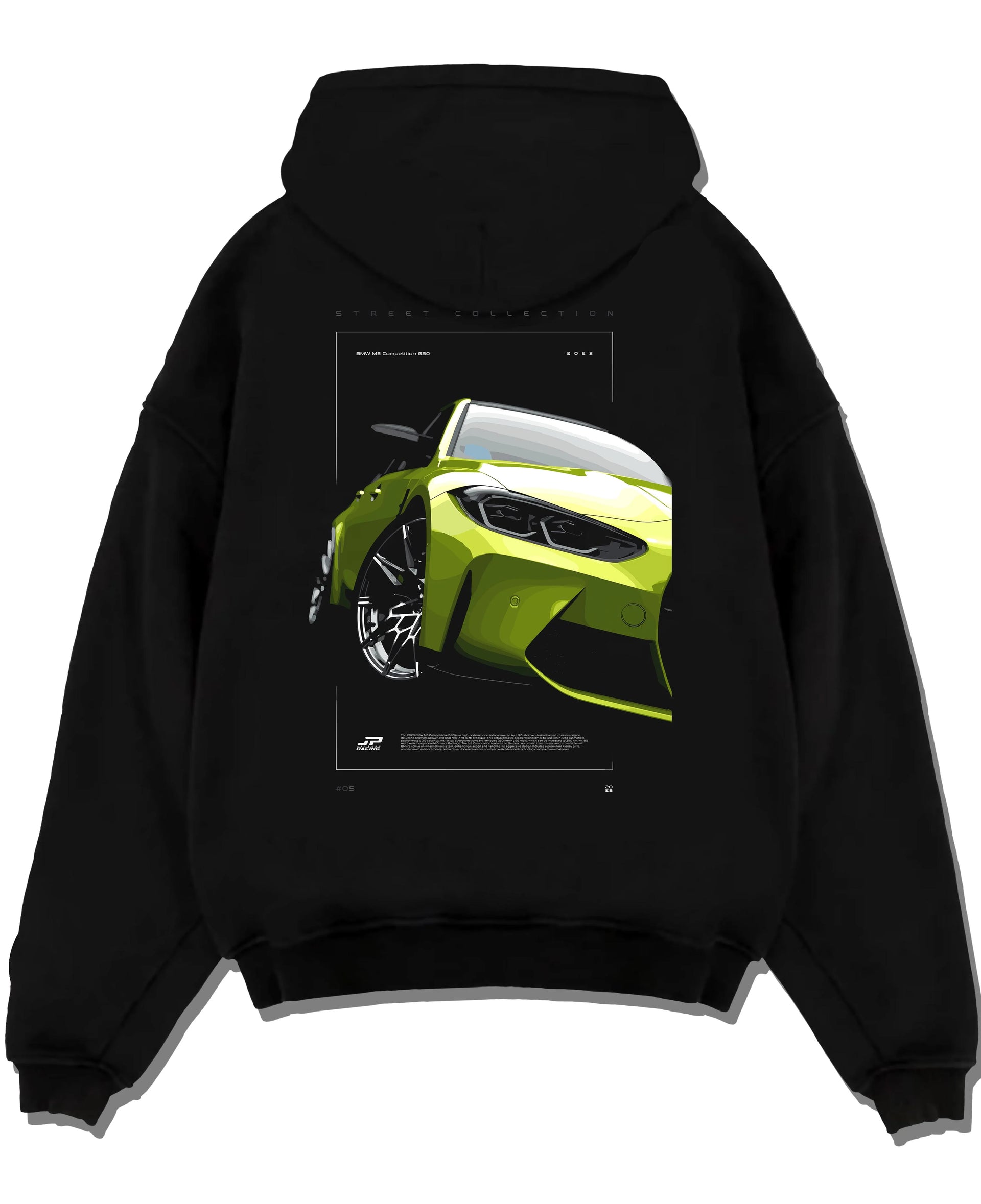 Black pullover hoodie laid flat on a white background, featuring BMW M3 rs turbo racing motorsport german street graphic.