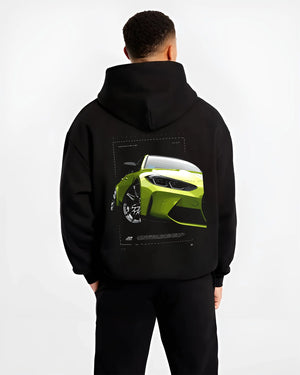 Black hoodie worn by a male model, back view, featuring BMW M3 rs turbo racing motorsport german street graphic.