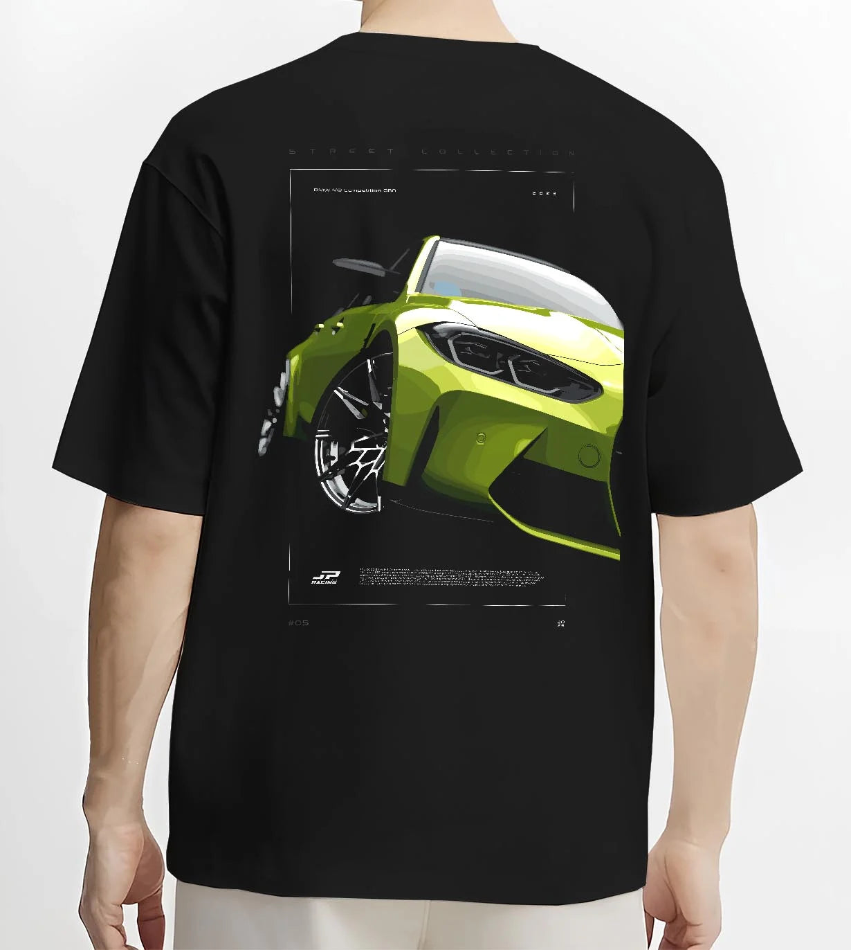Black T-shirt worn by a male model, back view, featuring BMW M3 rs turbo racing motorsport german street graphic.