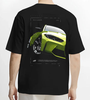 Black T-shirt worn by a male model, back view, featuring BMW M3 rs turbo racing motorsport german street graphic.