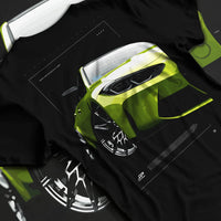 Black T-shirt laid flat with natural fabric folds, featuring BMW M3 rs turbo racing motorsport german street graphic.